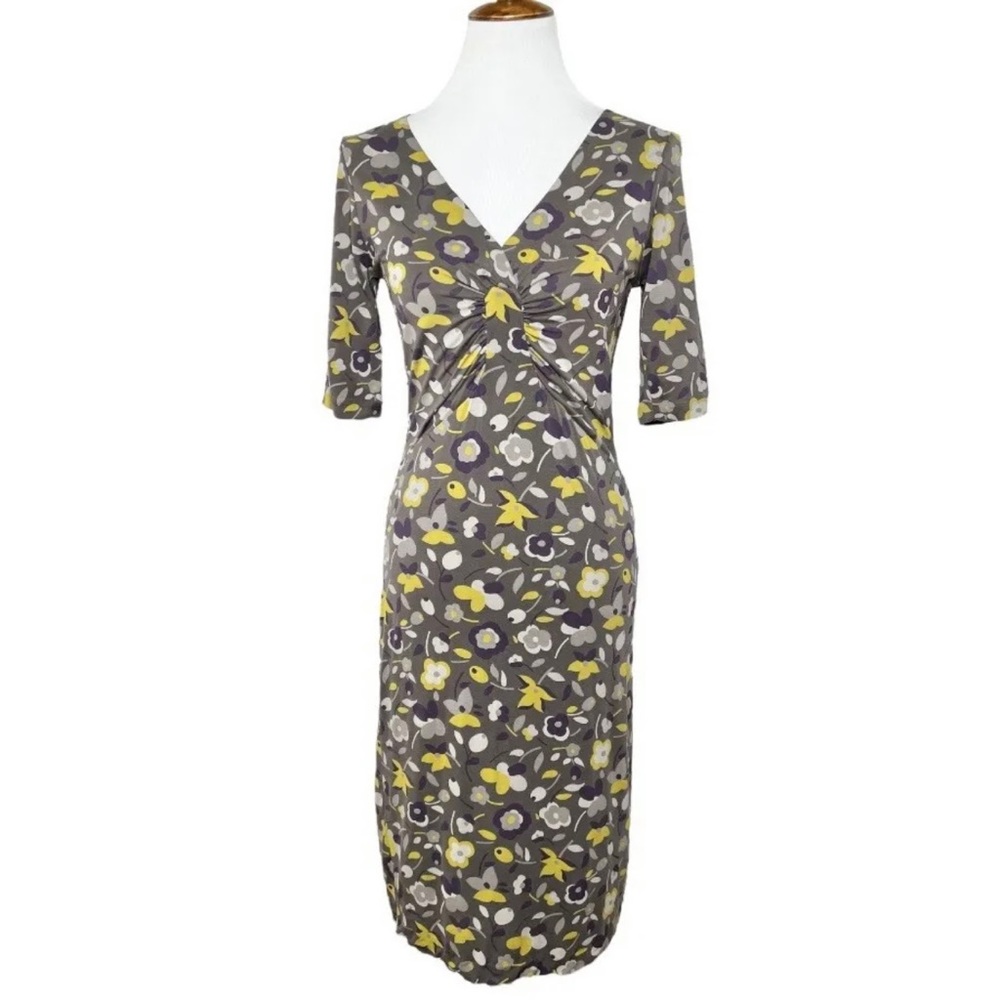 Boden Artsy Floral Print Taupe Purple Yellow Short Sleeve Knit Sheath Midi Dress